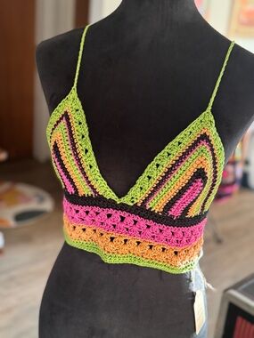 Hand-Crocheted Multicolor Crop Top - Green, Pink & Orange
